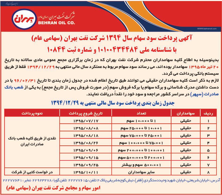 آگهی پرداخت سود سهام سال 1394
