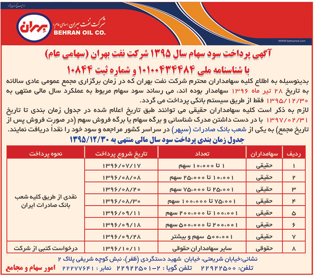 آگهی پرداخت سود سهام سال 1395 شرکت نفت بهران (سهامی عام)