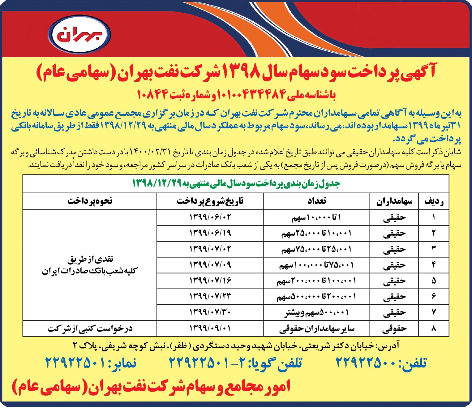 آگهی پرداخت سود سهام سال 1398