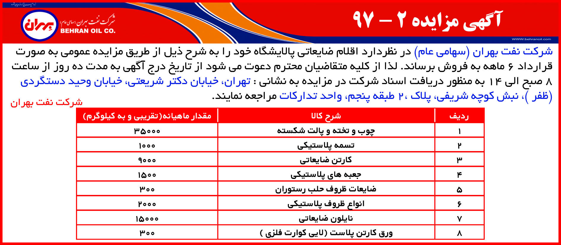 مزایده 2-97 فروش اقلام ضایعاتی، شرکت نفت بهران