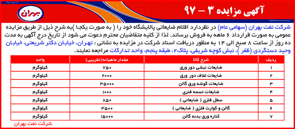 مزایده 3-97 فروش اقلام ضایعاتی شرکت نفت بهران