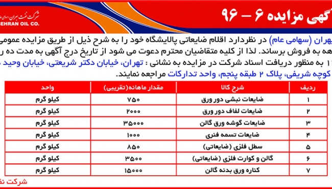 مزایده6-96، اقلام ضایعاتی پالایشگاه