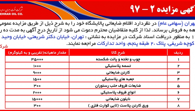 مزایده 2-97 فروش اقلام ضایعاتی شرکت نفت بهران