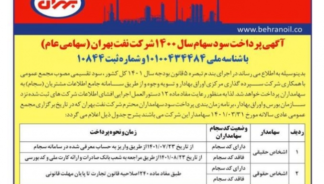 آگهی نحوه پرداخت سود سهام سال 1400