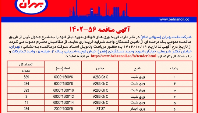 مناقصه 56-1402 خرید ورق های فولادی
